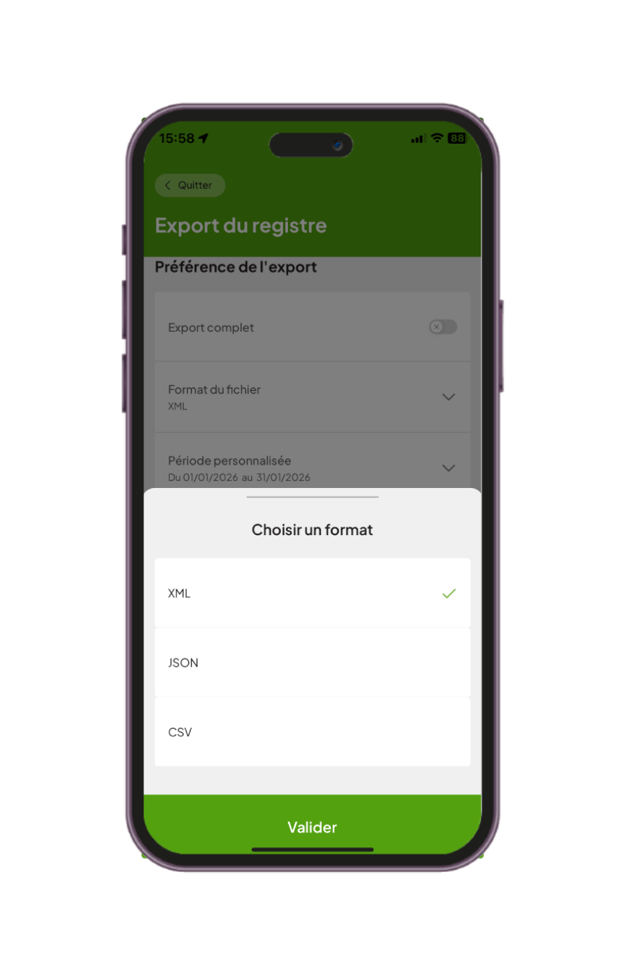 Application Phyz en train de générer et exporter un registre phytosanitaire sur demande et conforme