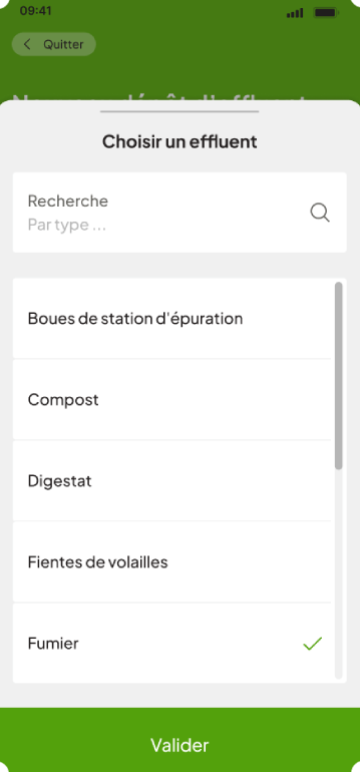 Ecran de gestion des dépôts d'éffluents dans l'application mobile Phyz