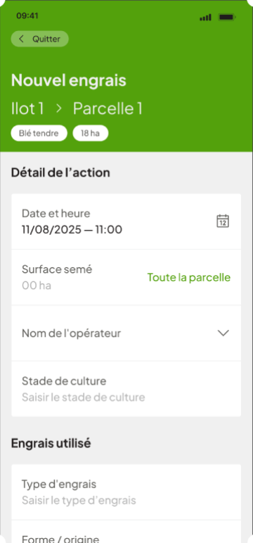 Ecran de gestion de la fertilisation dans l'application mobile Phyz