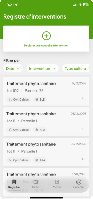 Ecran d'accueil App Phyz Registre Phytosanitaire