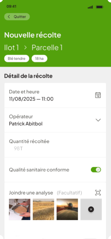 Ecran de gestion des récoltes dans l'application mobile Phyz