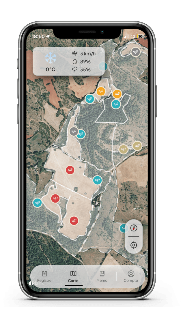 ecran d'accueil de l'application Phyz affichant le tracé d'un registre parcellaire d'un agriculteur