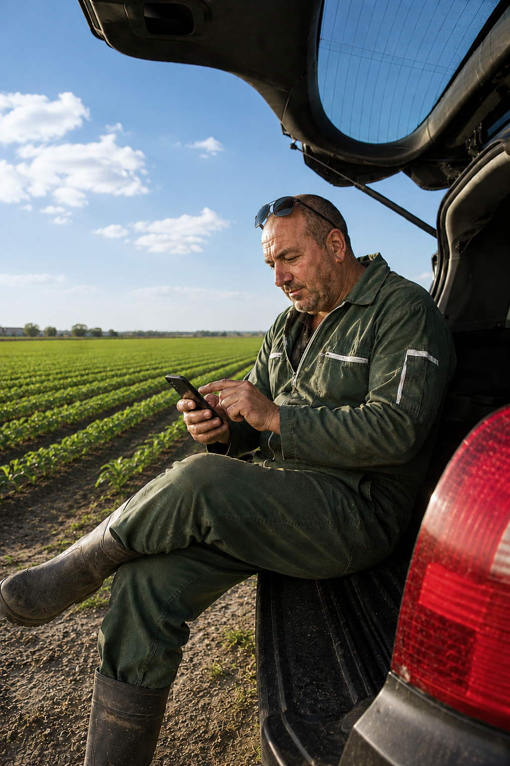 agriculteur utilisant son smartphone à côté de son véhicule