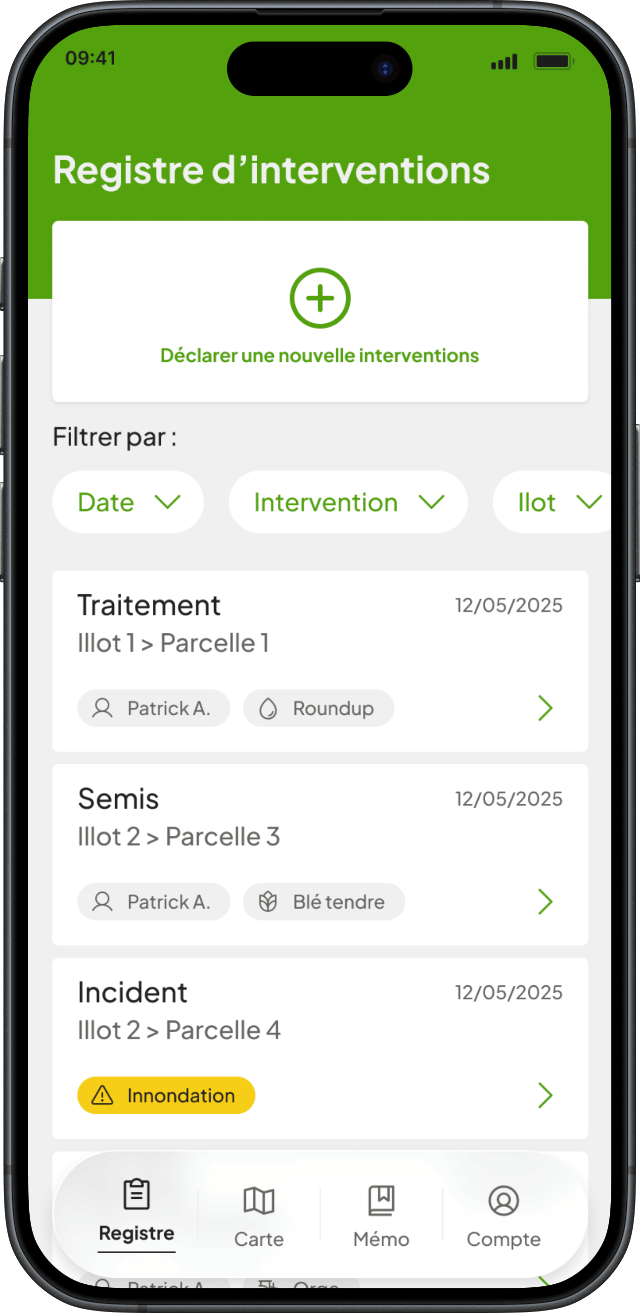 Capture écran de l'applicartion mobile de registre phytosanitaire Phyz