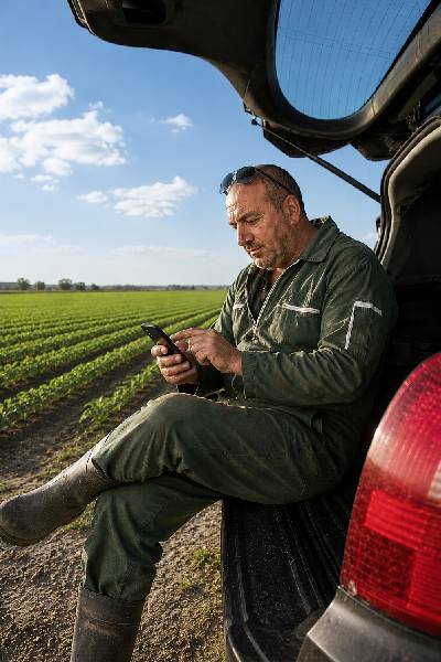 Agriculteur consultant son registre phytosanitaire numérique sur tablette dans un champ