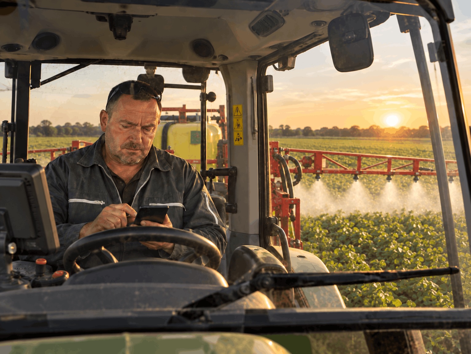 Agriculteur client de Phyz en train de conduire son tracteur 